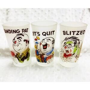 Vintage Federal Glass Frosted Tumbler Caricature Gambling Poker Glasses-3 RARE